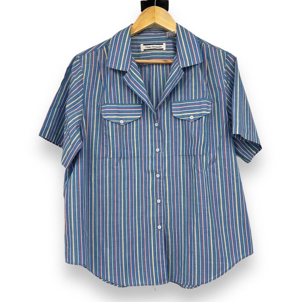 Vtg. Dana Alexander Button up Blouse Women's 16 Stripped Blue Short Sleeve